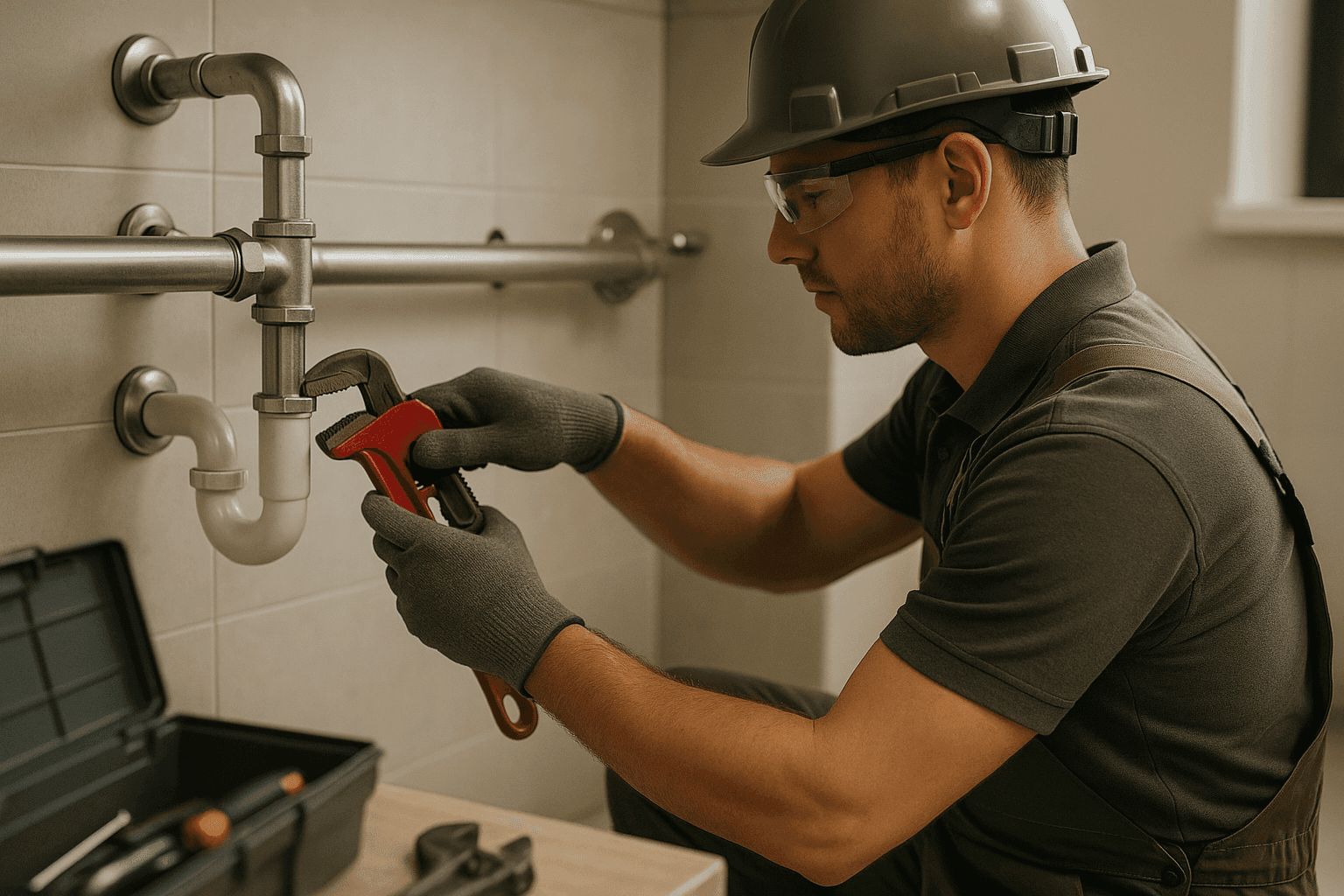 Skilled plumber wearing safety gear installing pipes in a clean indoor workspace