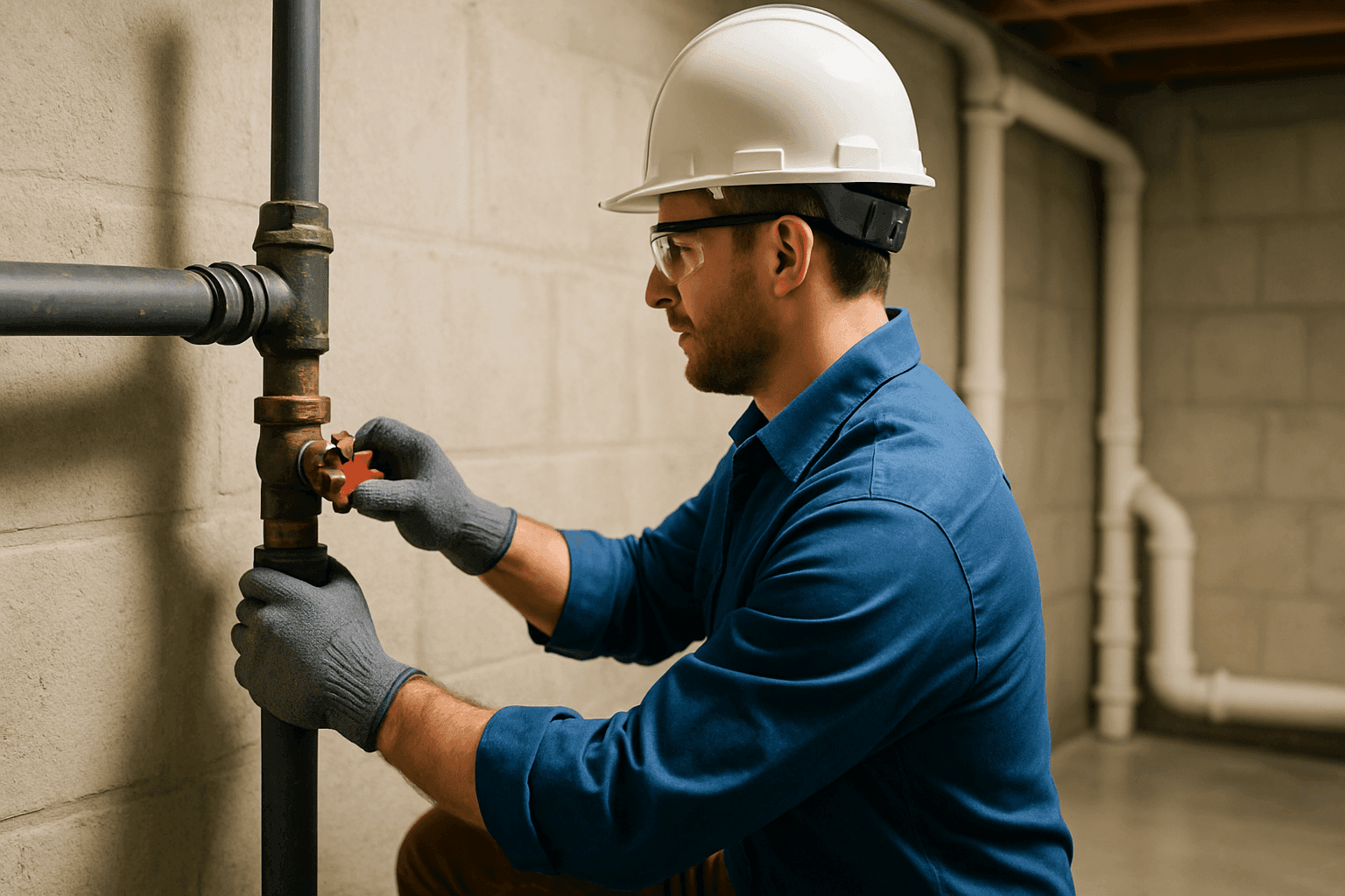 Plumber in uniform shutting off main water valve in basement