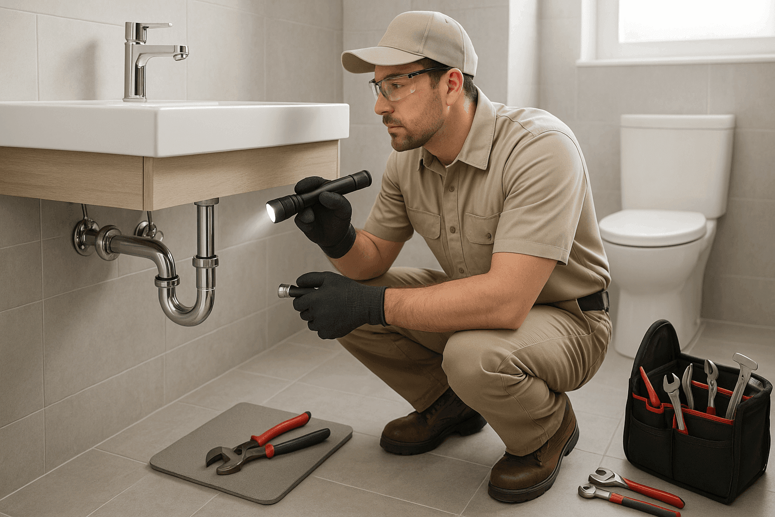 Plumber inspecting pipes under bathroom sink with flashlight