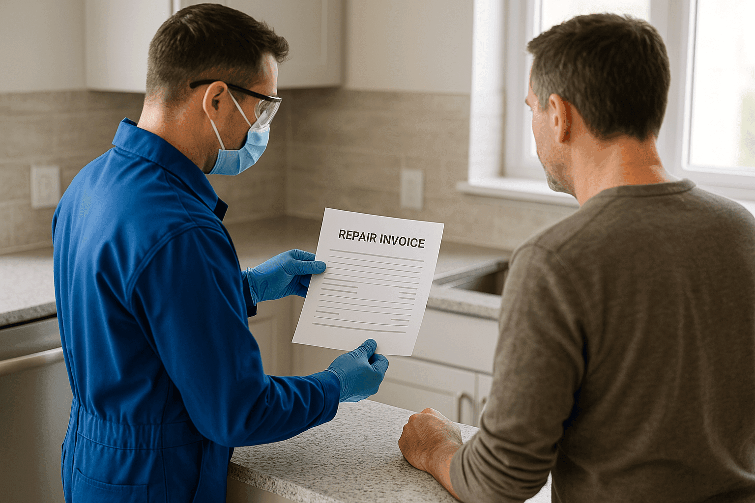 Plumber reviewing repair invoice with property owner in kitchen